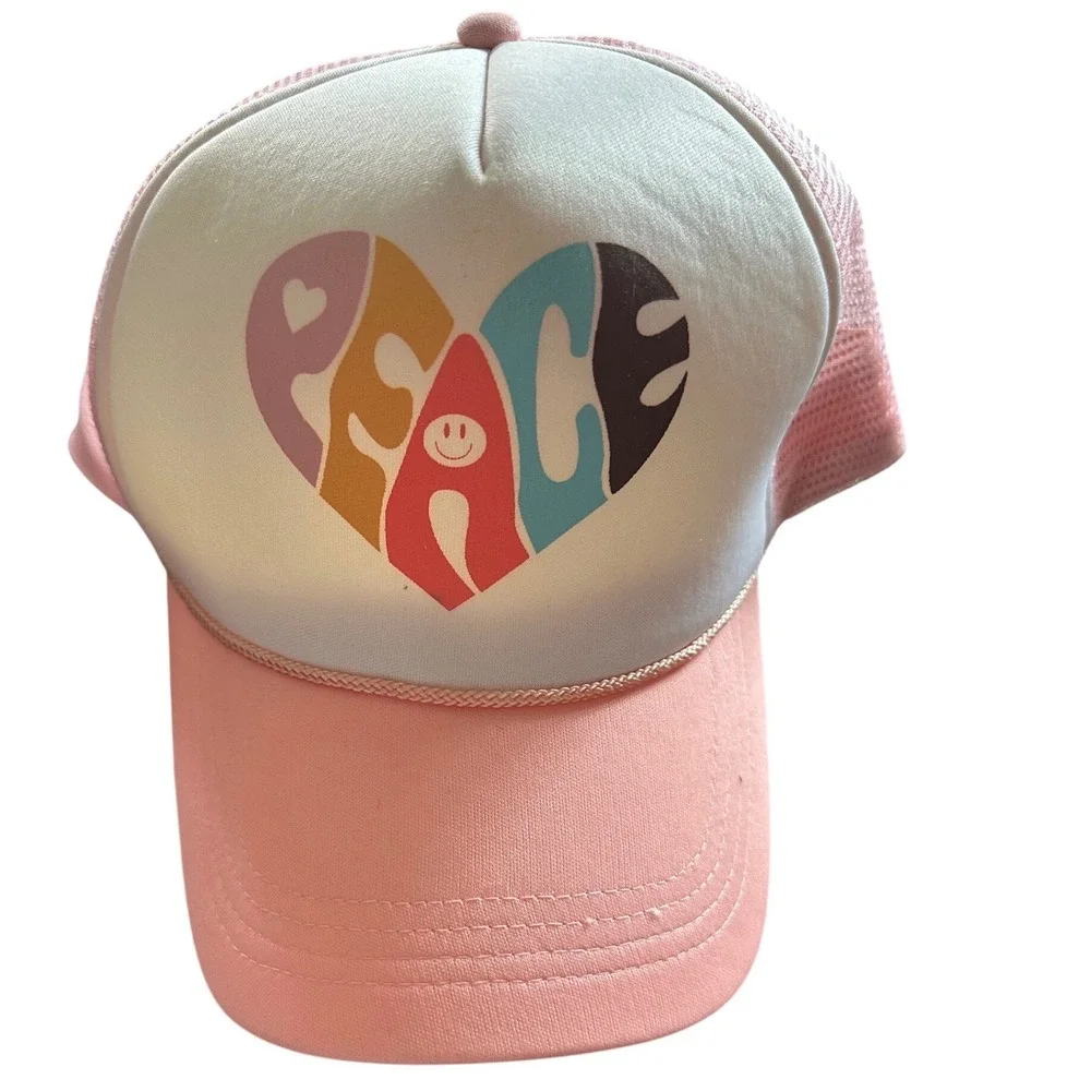 Falls Creek Pink Peace Heart Trucker Hat Mesh Snapback Cap Retro Graphic Hat